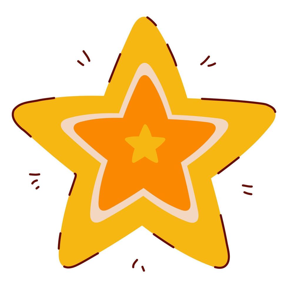 Star Symbol in Hand Drawn Style with Subtle Line Decorations in Yellow and Orange Colors. Golden Christmas star shape isolated on white background. Cute doodle icon perfect for cards, banners, Holiday vector