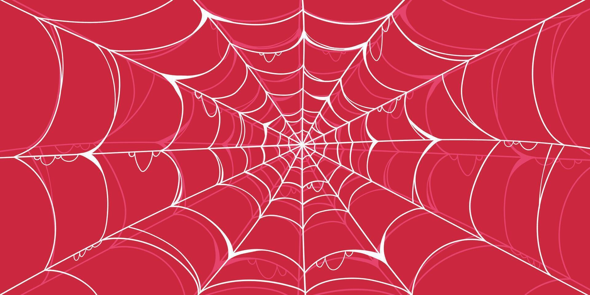 Halloween Banner with Outline White Spider Web in Hand Drawn Style Isolated on Red Background. Doodle arachnid web perfect for cards, party invitations, web vector