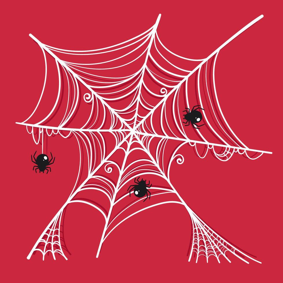 Cartoon Spider Web with Black Spiders in Hand Drawn Style. Doodle arachnid web perfect for cards, party invitations, web, fashion, print vector