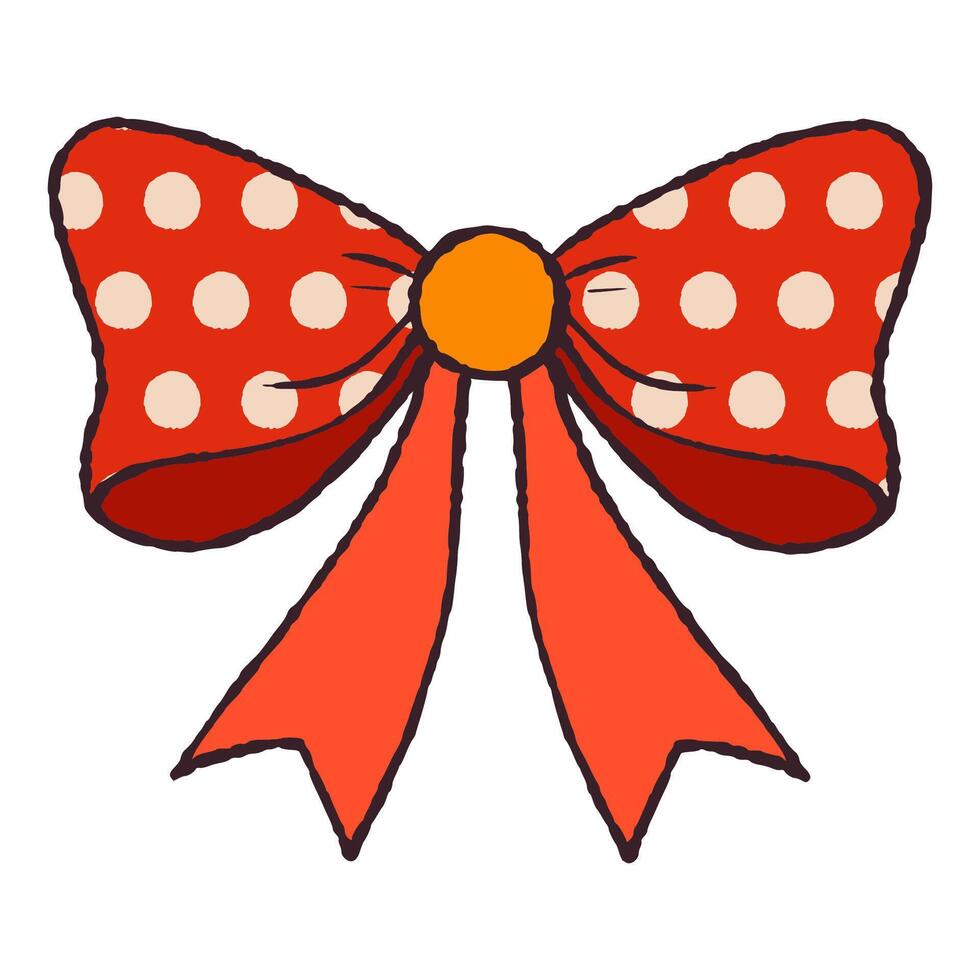 Cute Red Bow in Hand Drawn Retro Style with Polka Dot Pattern Isolated on White Background. Vintage ribbon. Cute funny bowknot perfect for Holiday events, cards, posters, patterns, gifts vector