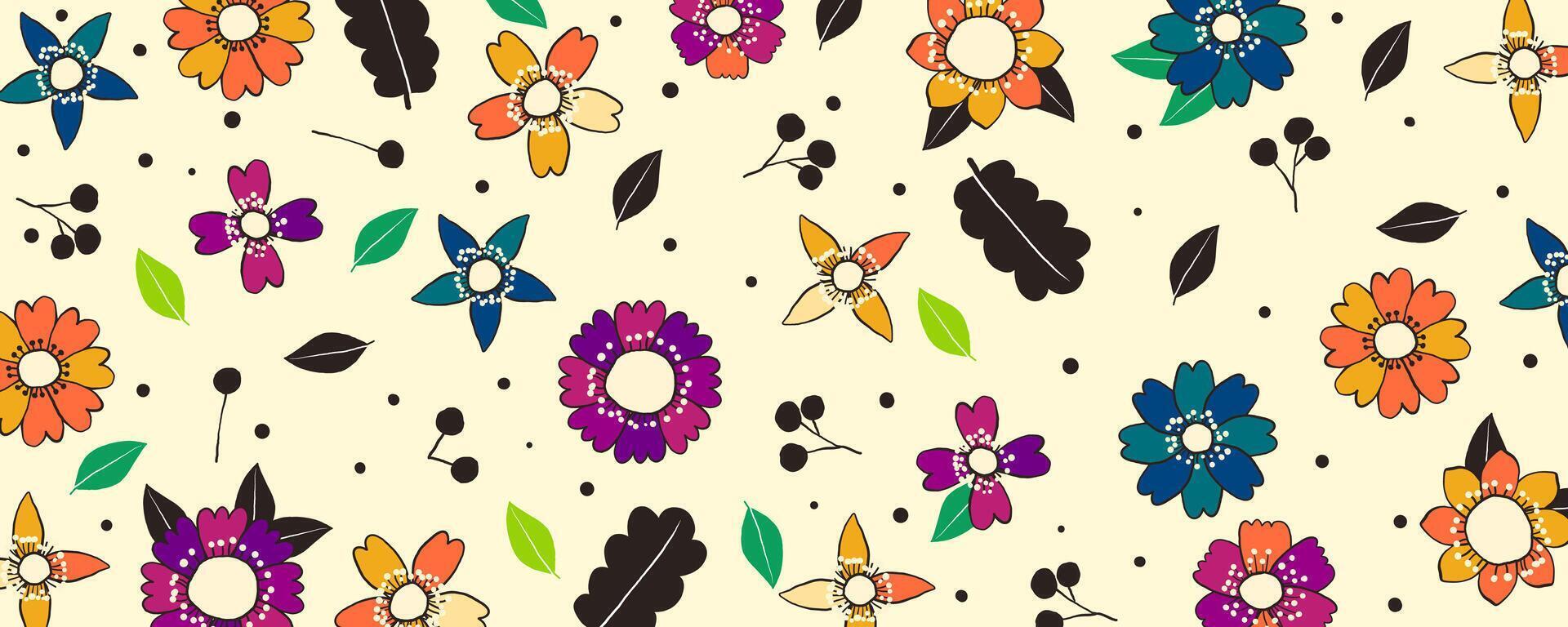 Flower Seamless Pattern with Cute Nature Florals. Retro doodle quirky summer and spring plants. Feminine repeatable backdrop perfect for fashion, clothing, cards, invitations, wrapping paper vector