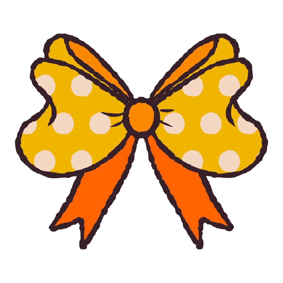 Yellow and Orange Bow in Hand Drawn Retro Style Isolated on White Background. Vintage ribbon. Cute funny bowknot perfect for Holiday events, cards, posters, patterns, gifts vector