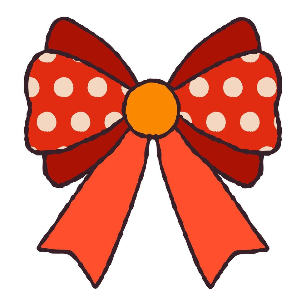 Red Bow in Hand Drawn Retro Style with Polka Dots Isolated on White Background. Vintage ribbon. Cute funny bowknot perfect for Holiday events, cards, posters, patterns, gifts vector