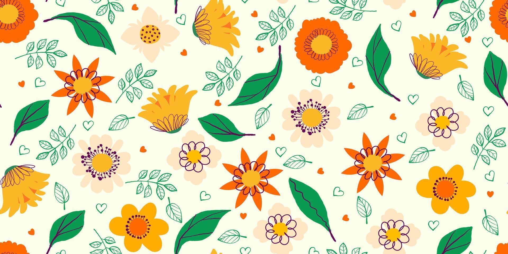 Retro Flower Seamless Pattern with Cute Nature Wild Field Florals. Doodle quirky summer and spring plants. Feminine repeatable backdrop perfect for fashion, clothing, cards, invitations, wrapping vector