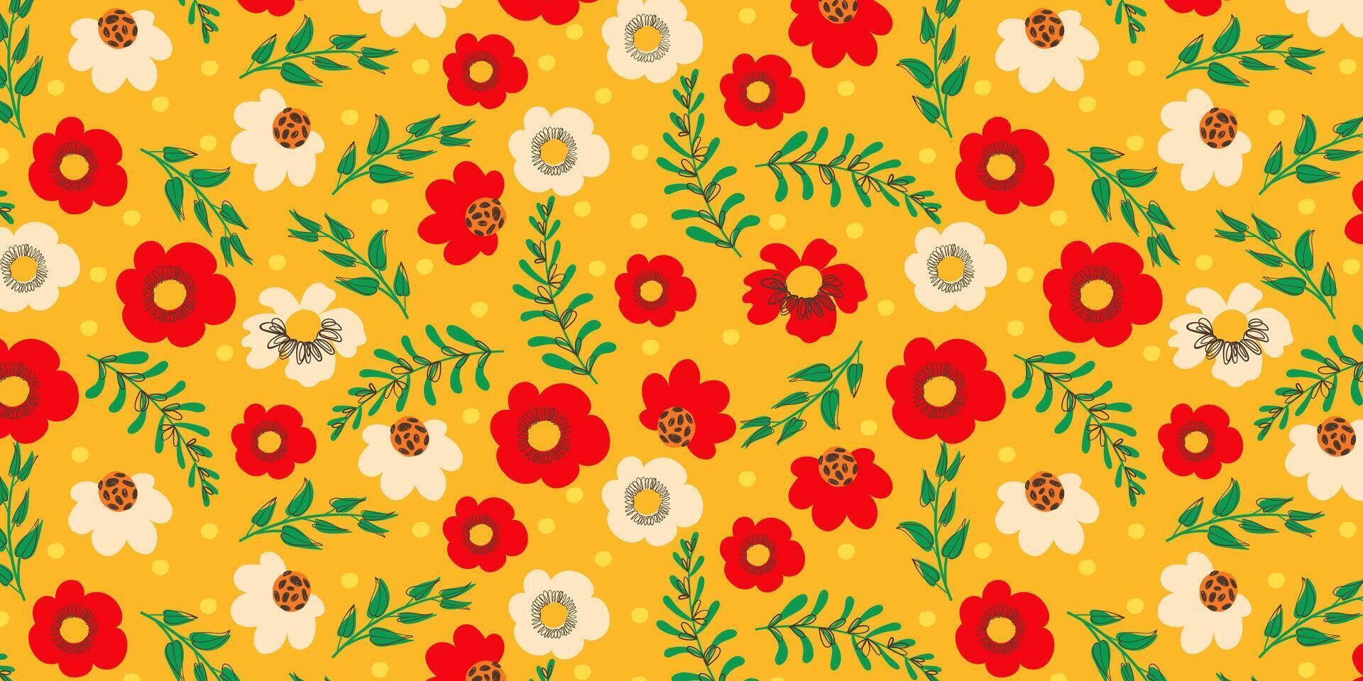 Red and White Flower Seamless Pattern with Cute Nature Wild Field Florals Isolated on Yellow Background. Doodle quirky summer and spring plants. Feminine repeatable backdrop perfect for fashion vector