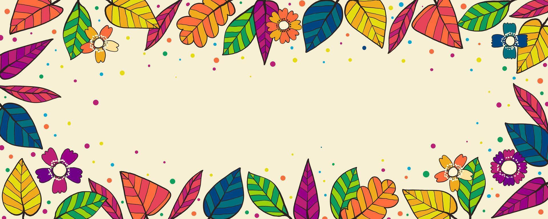 Retro Multicolored Leaves Background Frame. Doodle quirky summer and fall banner with leaves. Colorful backdrop perfect for fashion, clothing, cards, invitations, wrapping paper vector
