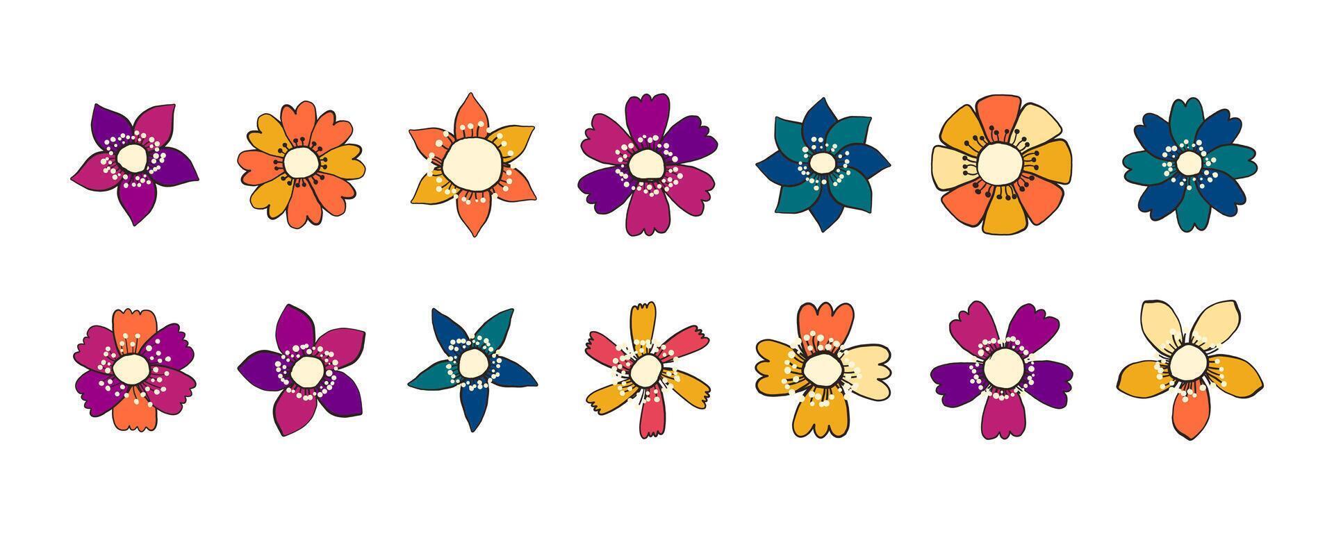 Collection of Hand Drawn Multicolored Head Flowers. Doodle quirky summer and spring plants. Feminine set of plants perfect for fashion, clothing, cards, invitations, wrapping paper vector