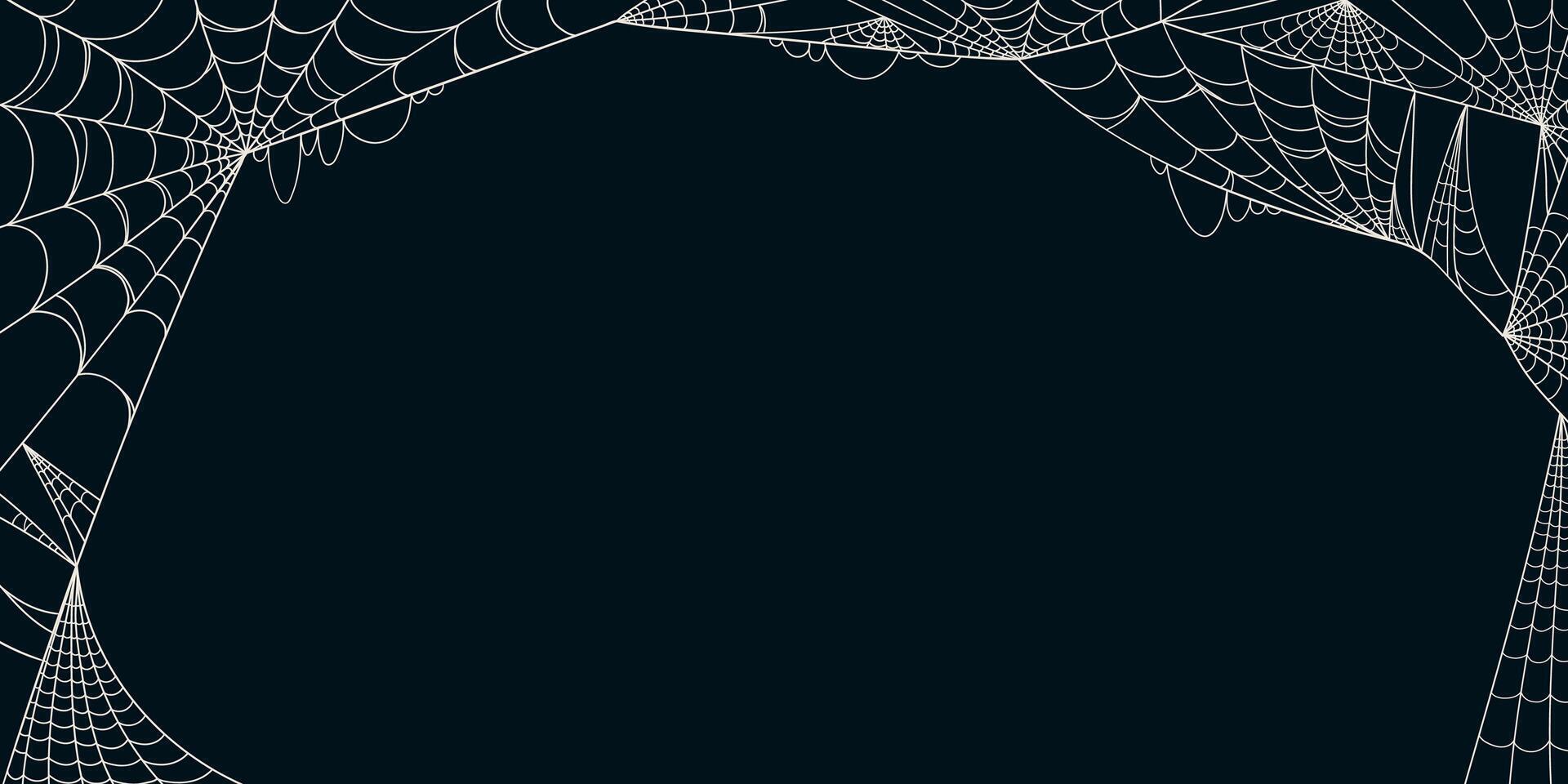 Halloween Banner with Scary Spider Web Frame in Hand Drawn Style Isolated on Black Background. Doodle arachnid web perfect for cards, party invitations, web vector