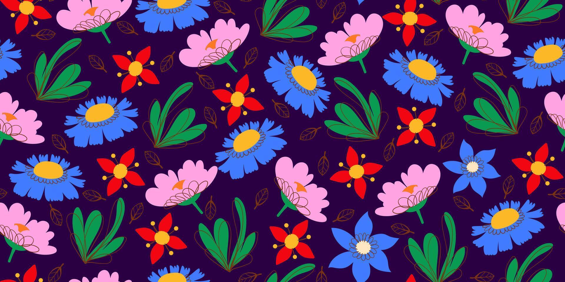Hand Drawn Flower Seamless Pattern with Cute Nature Wild Field Florals. Doodle quirky summer and spring plants. Feminine repeatable backdrop perfect for fashion, clothing, cards, invitations, wrapping vector