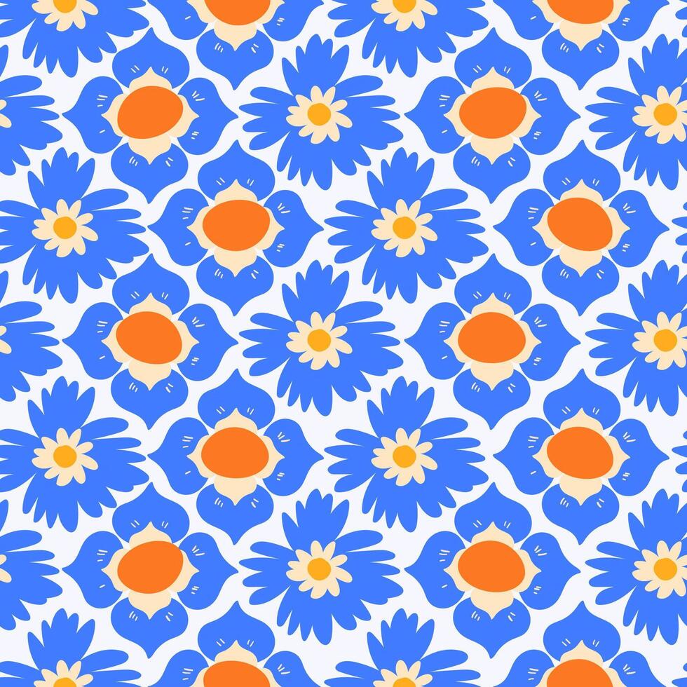 Blue Flower Seamless Pattern with Cute Abstract Florals. Doodle quirky summer and spring plants. Feminine repeatable backdrop perfect for fashion, clothing, cards, invitations, wrapping paper vector