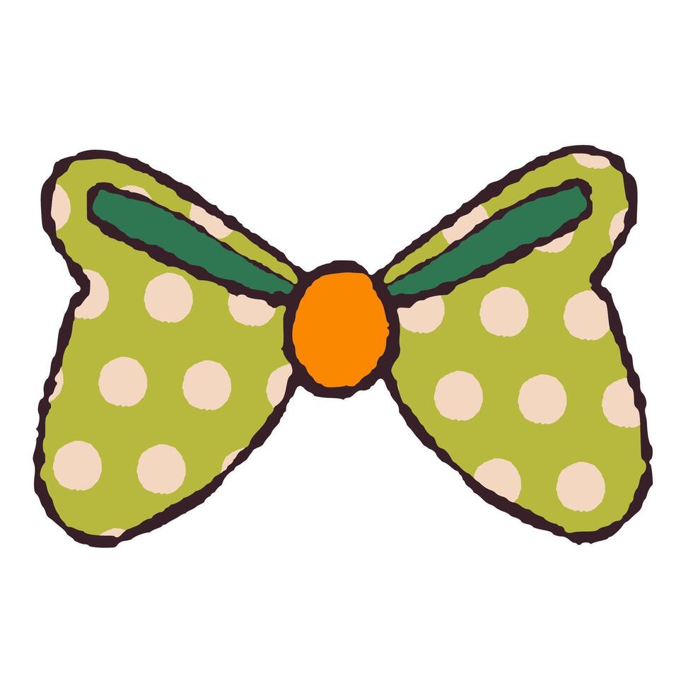 Green Bow in Hand Drawn Retro Style with Polka Dots Isolated on White Background. Vintage ribbon. Cute funny bowknot perfect for Holiday events, cards, posters, patterns, gifts vector