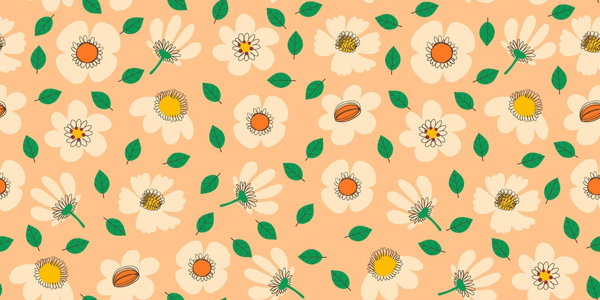 Flower Seamless Pattern with Cute Nature Wild Field Florals in Pastel Colors. Doodle quirky summer and spring plants. Feminine repeatable backdrop perfect for fashion, clothing, cards, invitations vector