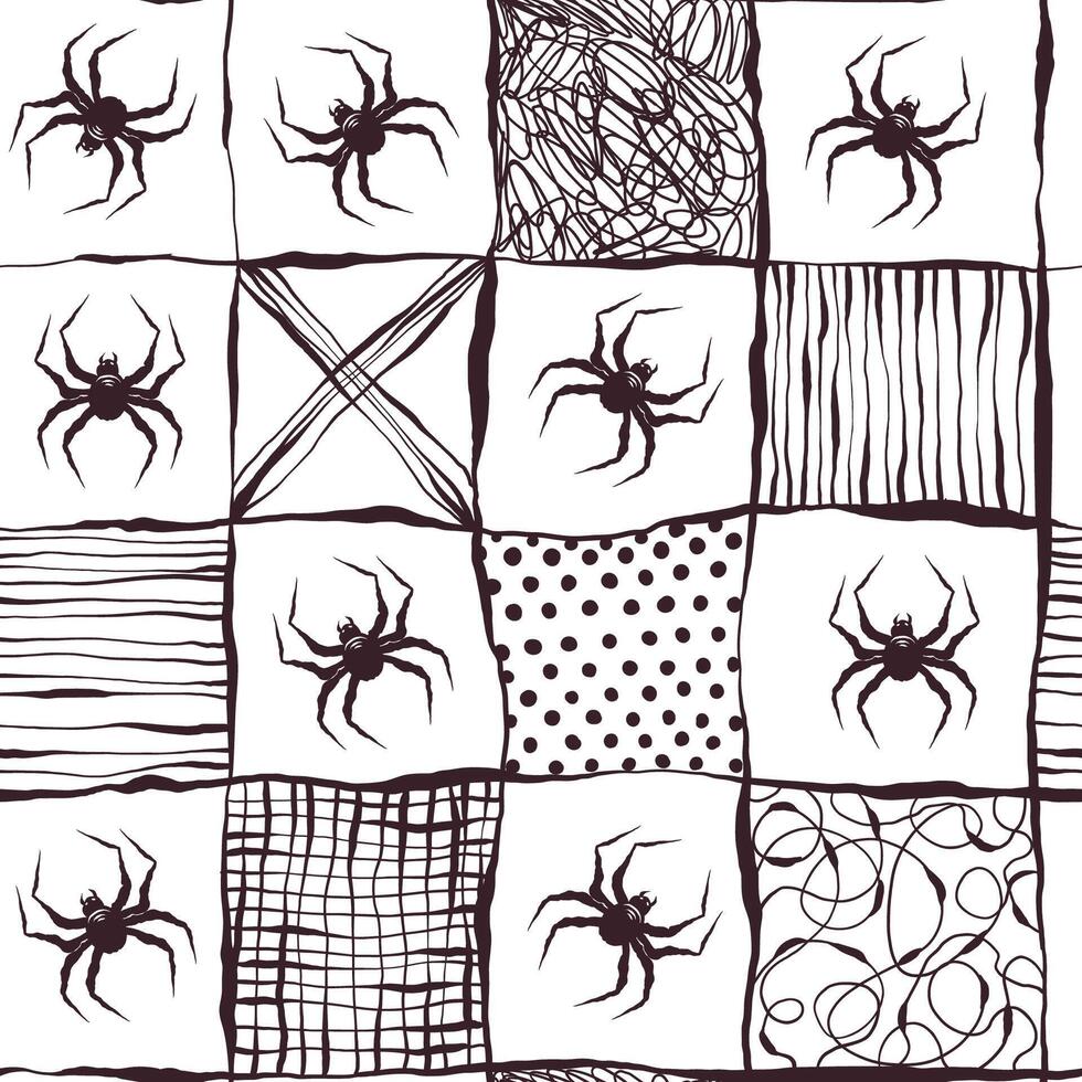 Seamless Halloween Pattern with Spiders in Hand Drawn Style and Abstract Lines. Doodle arachnid web perfect for cards, party invitations, web, fashion, print. vector