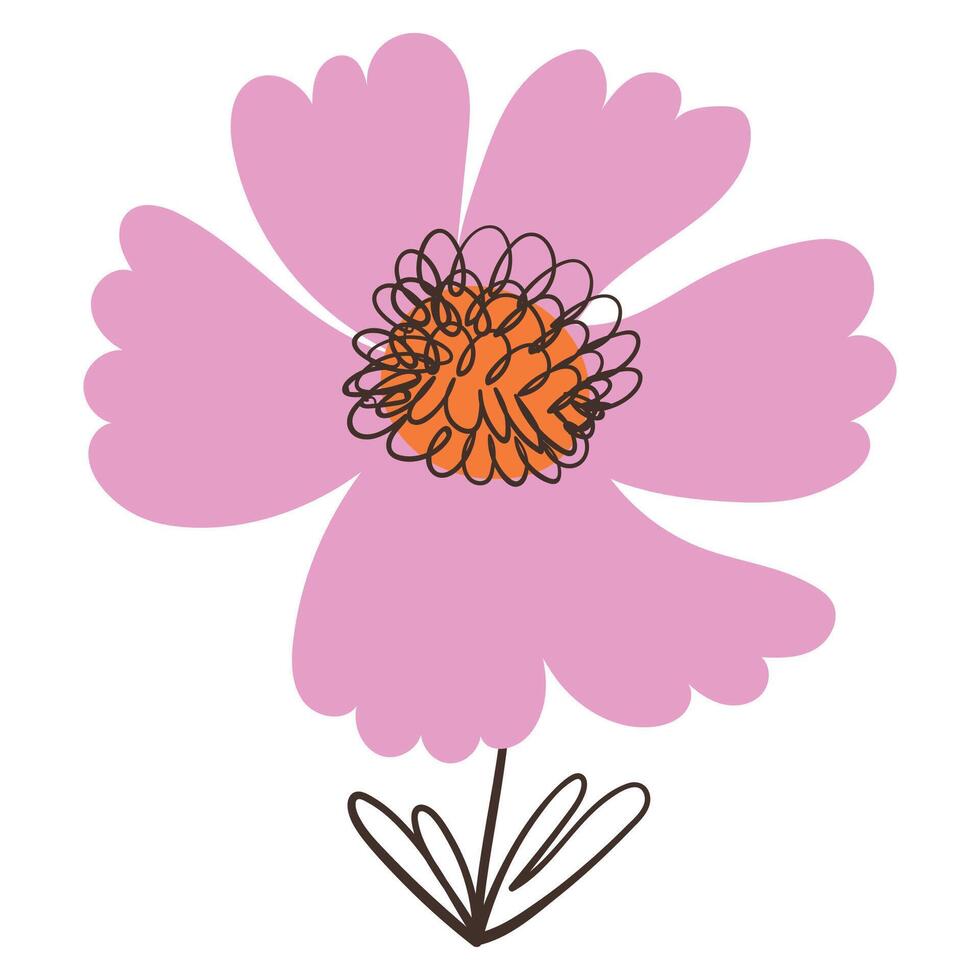 Pink Flower with Brush Line Strokes. Colorful plant with cute line sketches of branches isolated on white background. Nature herb perfect for invitations, cards, posters, holidays vector