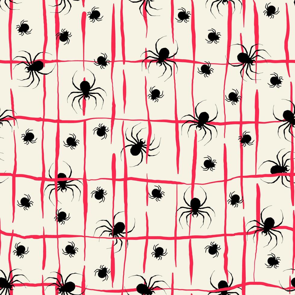Seamless Halloween Pattern with Spiders and Red Lines in Hand Drawn Style. Doodle arachnid web perfect for cards, party invitations, web, fashion, print vector
