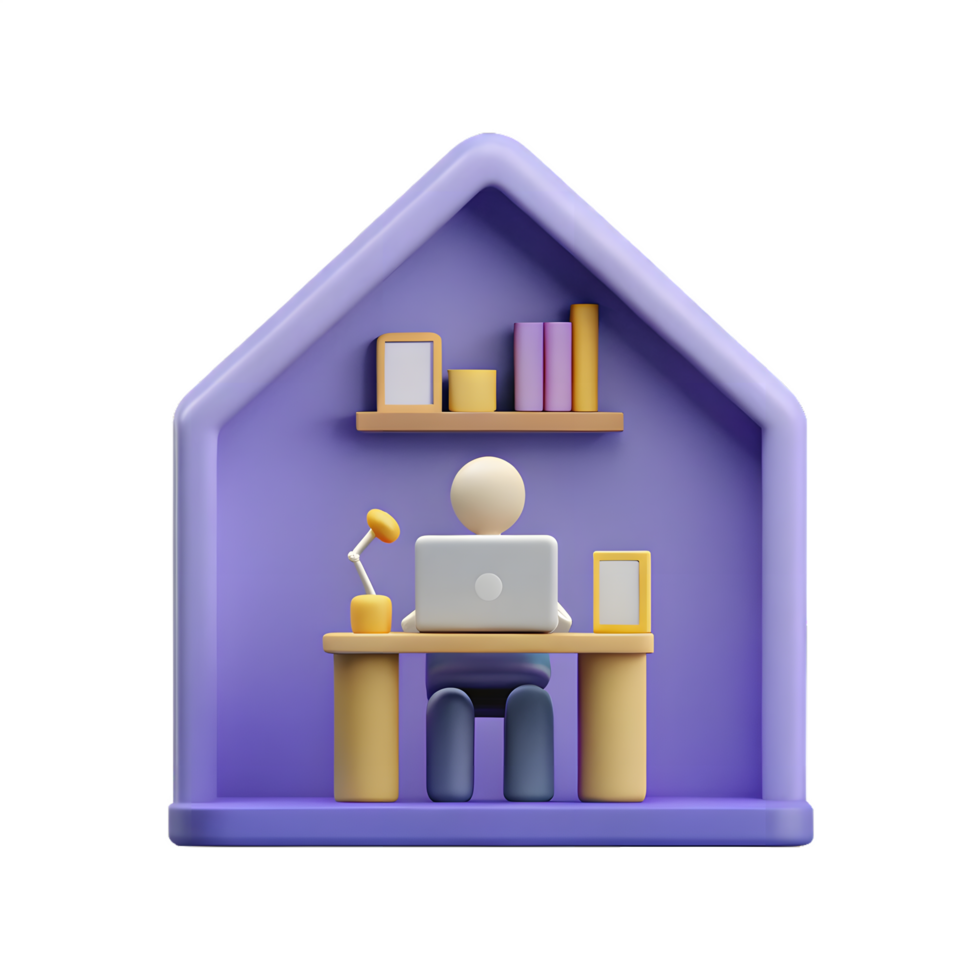 A person sitting at a desk in a house with a laptop png