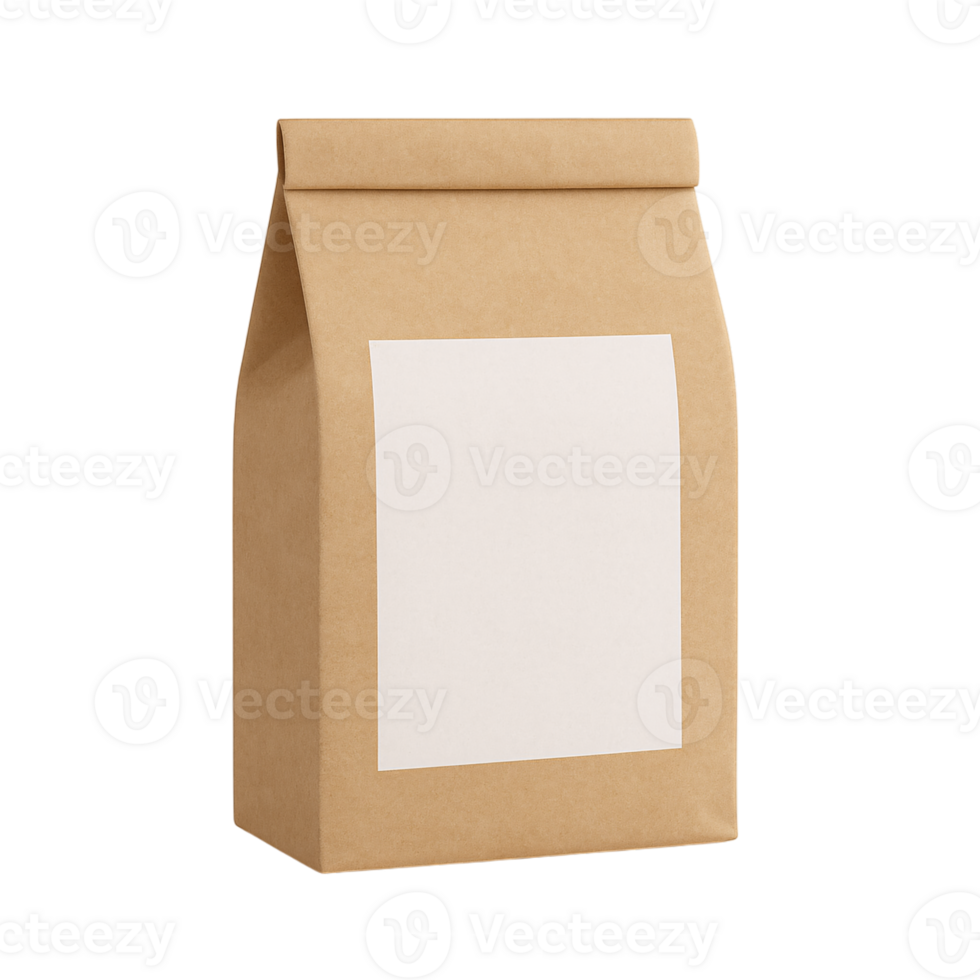 Brown tea mockup paper bag with a blank label for product packaging and branding. png