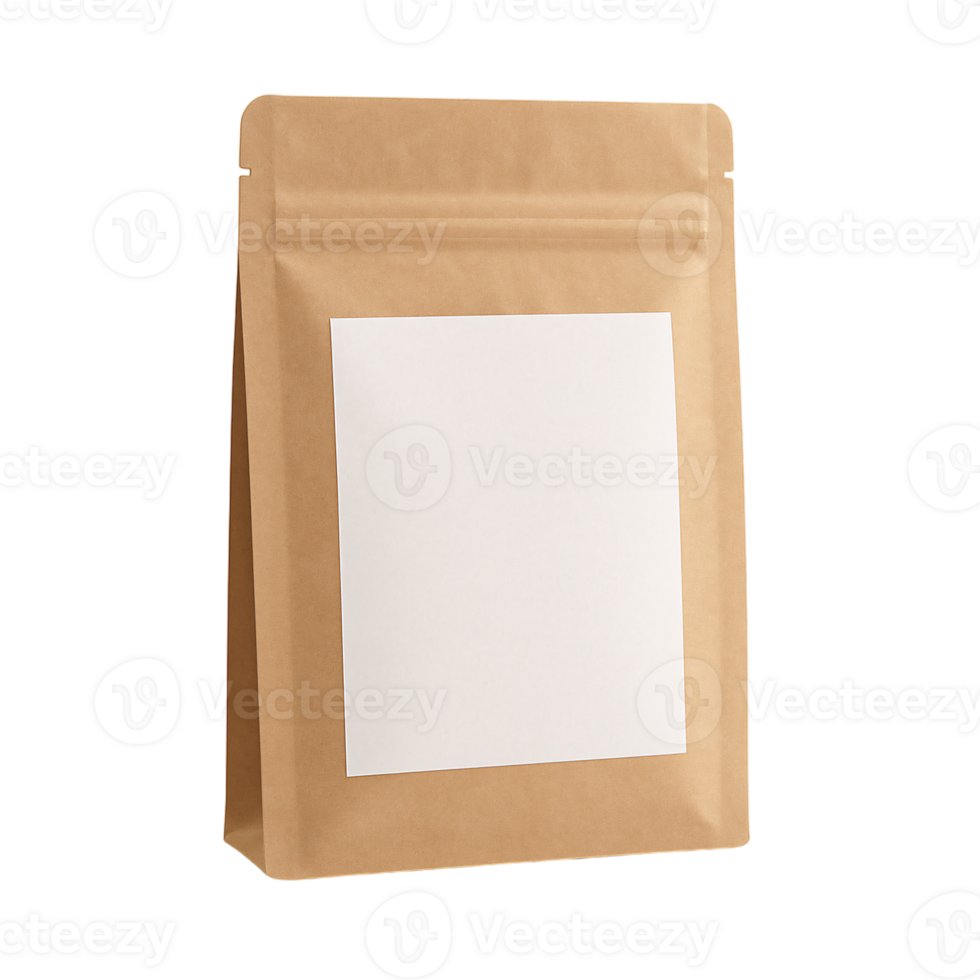 Kraft paper stand up pouch with blank label for product mockup. png