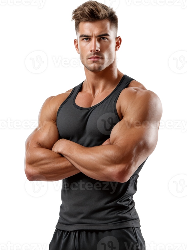 Muscular man in black sleeveless shirt arms crossed serious png