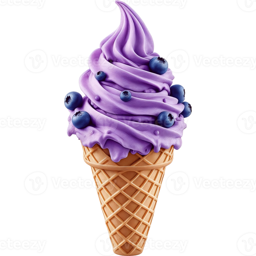 Blueberry Swirl Soft Serve Ice Cream Cone with Fresh Blueberries png