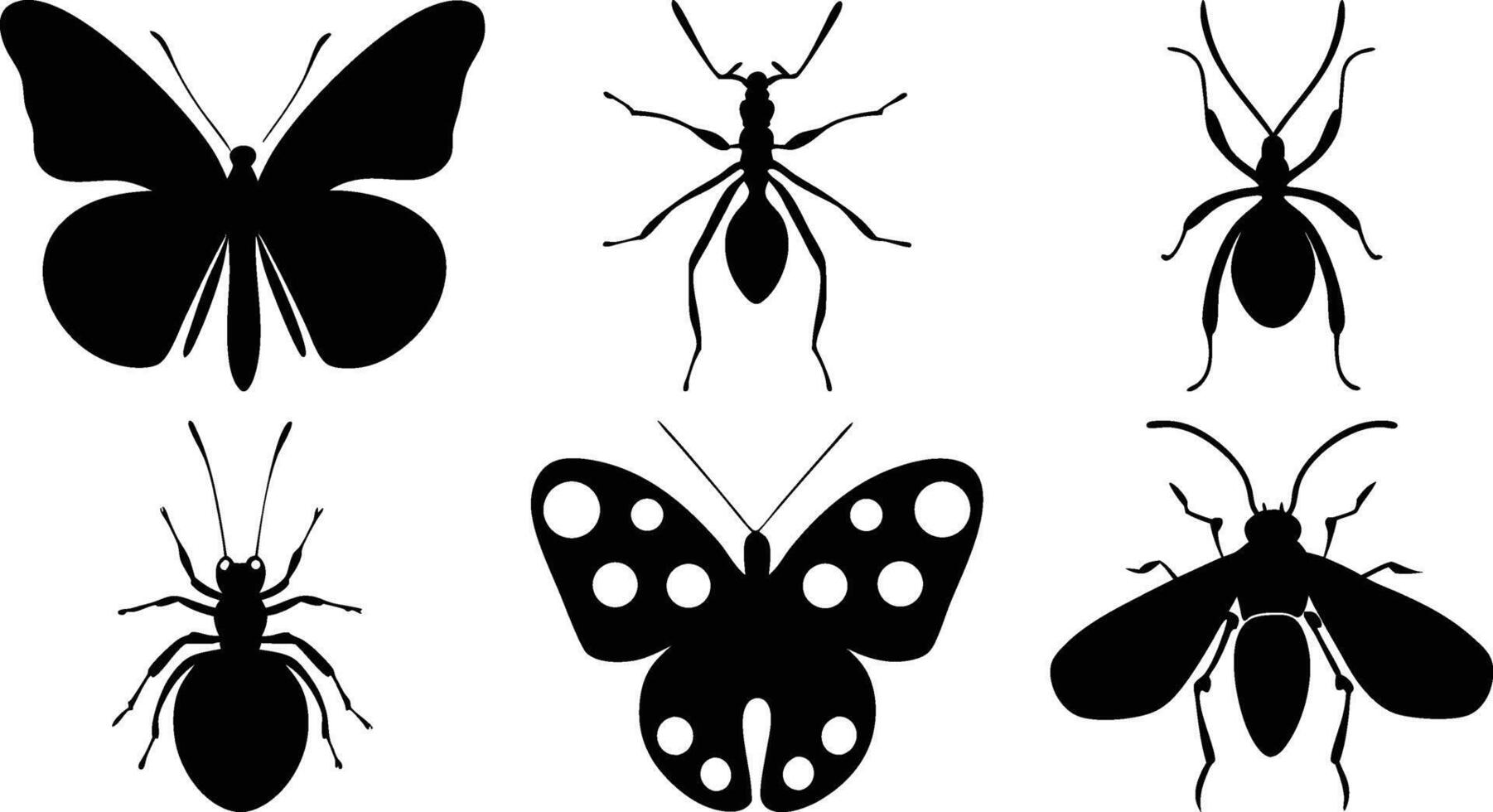 Black insect silhouettes including butterflies, ants, and fly icon set vector
