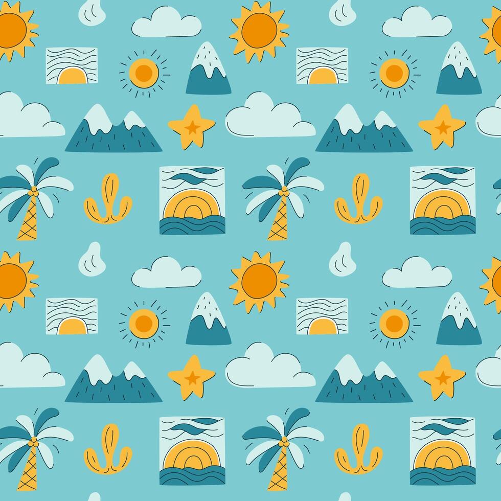 A blue and yellow pattern of mountains, suns, and cloud vector
