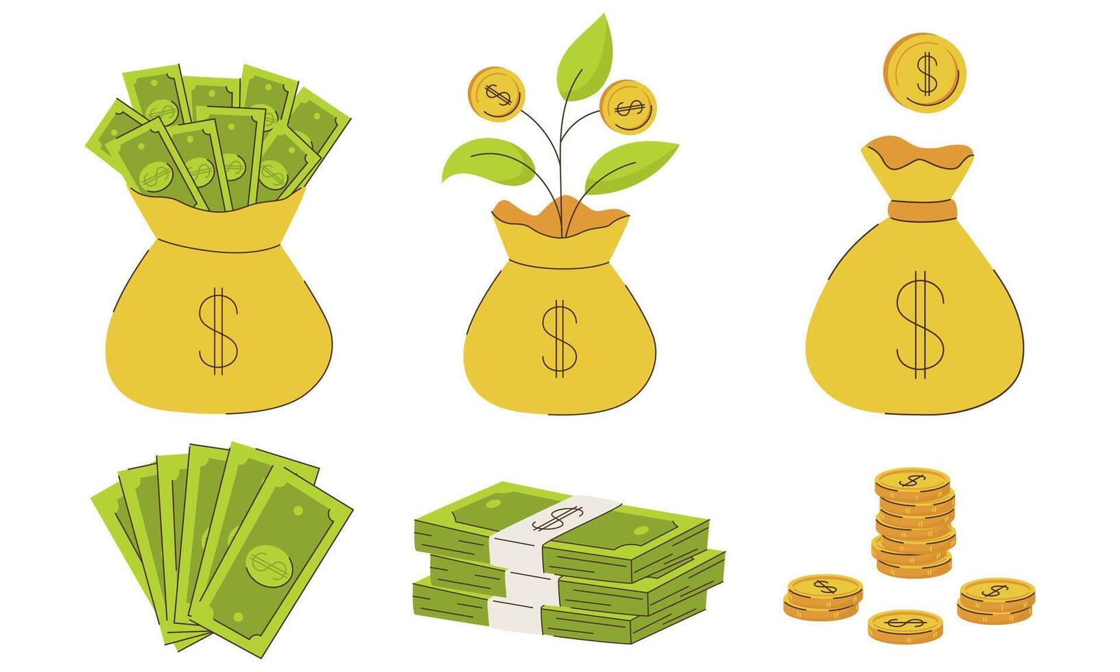 A set with bags of money, with a plant, with a dollar sign. Stack of banknotes, coins. American dollars, cash, green bills, vector