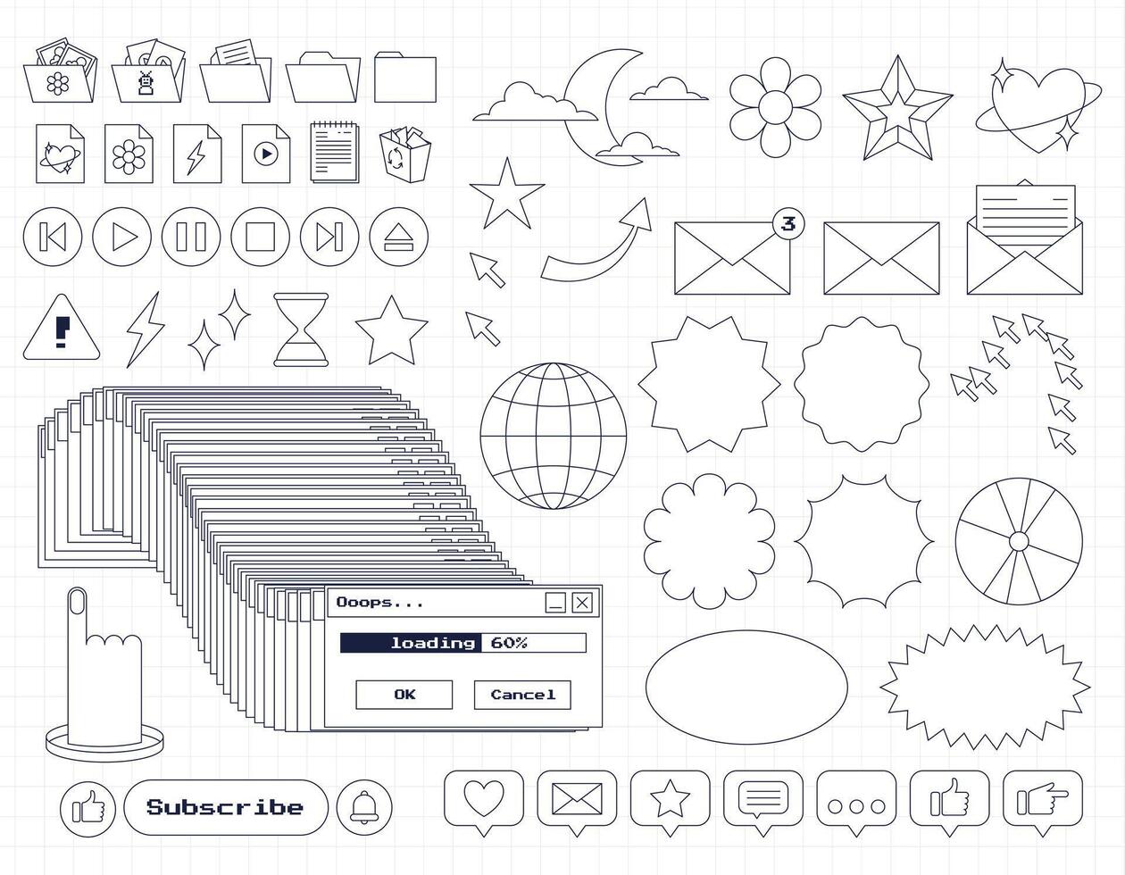 Set of retro computer ui nostalgic elements and stickers. Old PC 90s user interface icons with an outline. Frozen window, loading, buttons, folders, arrow. Outline Y2K icons. illustration. vector