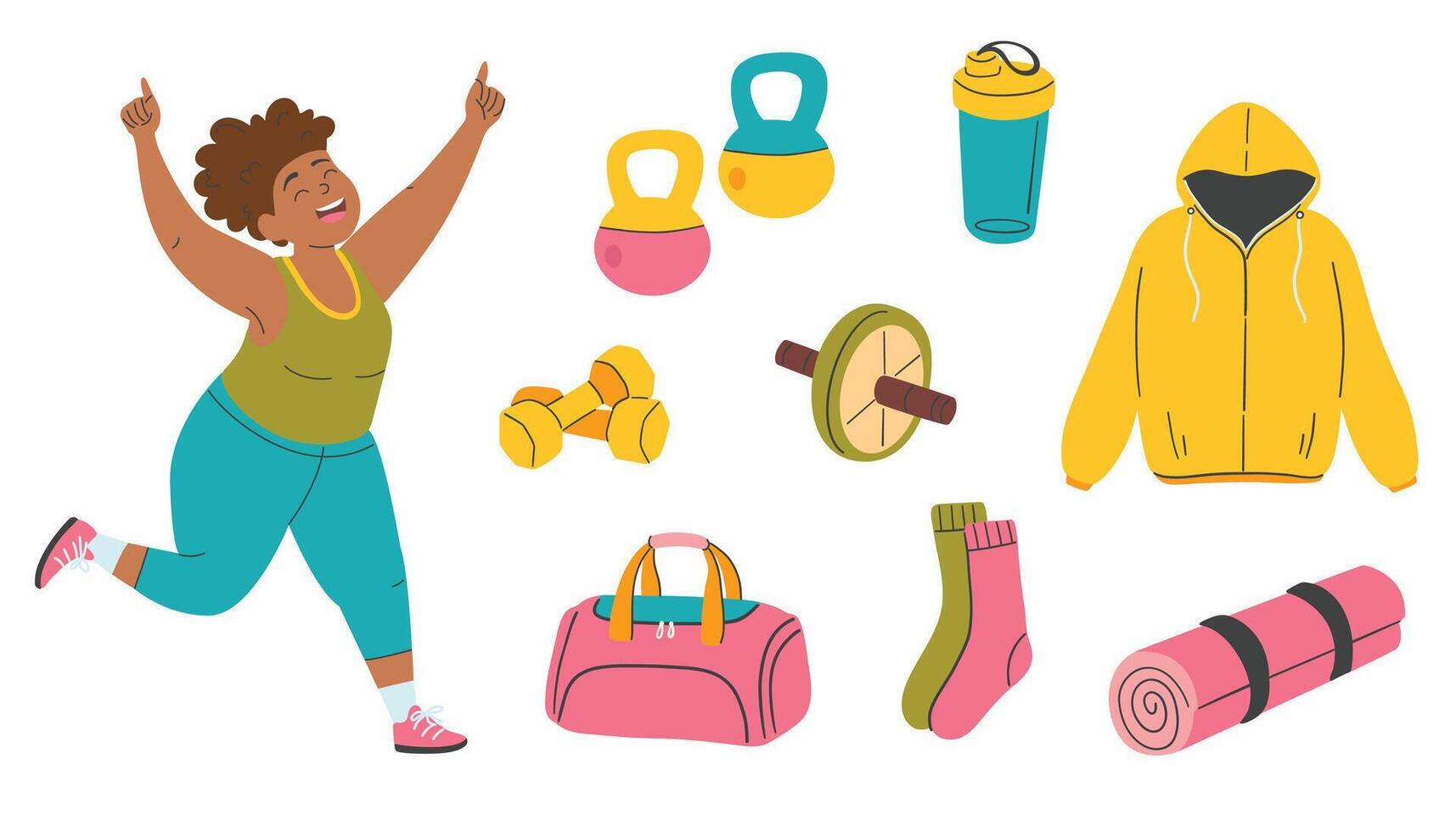 Cartoon fitness equipment and sport woman. Hand drawn illustration isolated vector