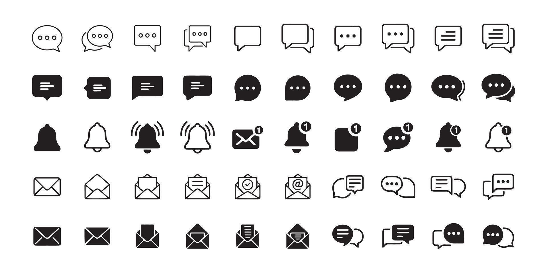 Big black message, email icon set vector