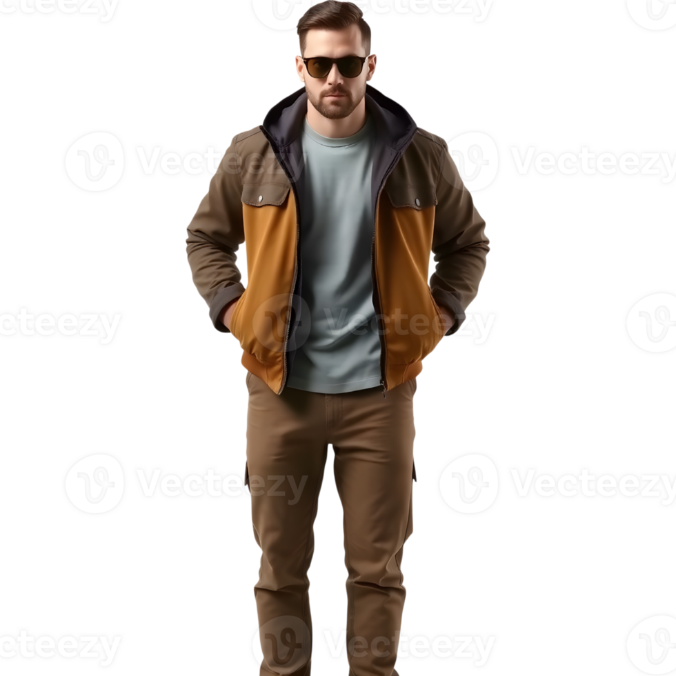 Man in Brown Jacket Cargo Pants and Sunglasses png