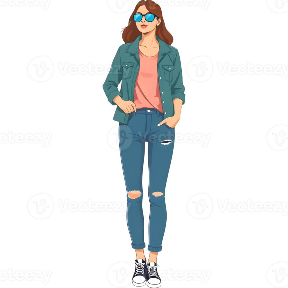 Woman in Teal Top and Distressed Denim Jeans png