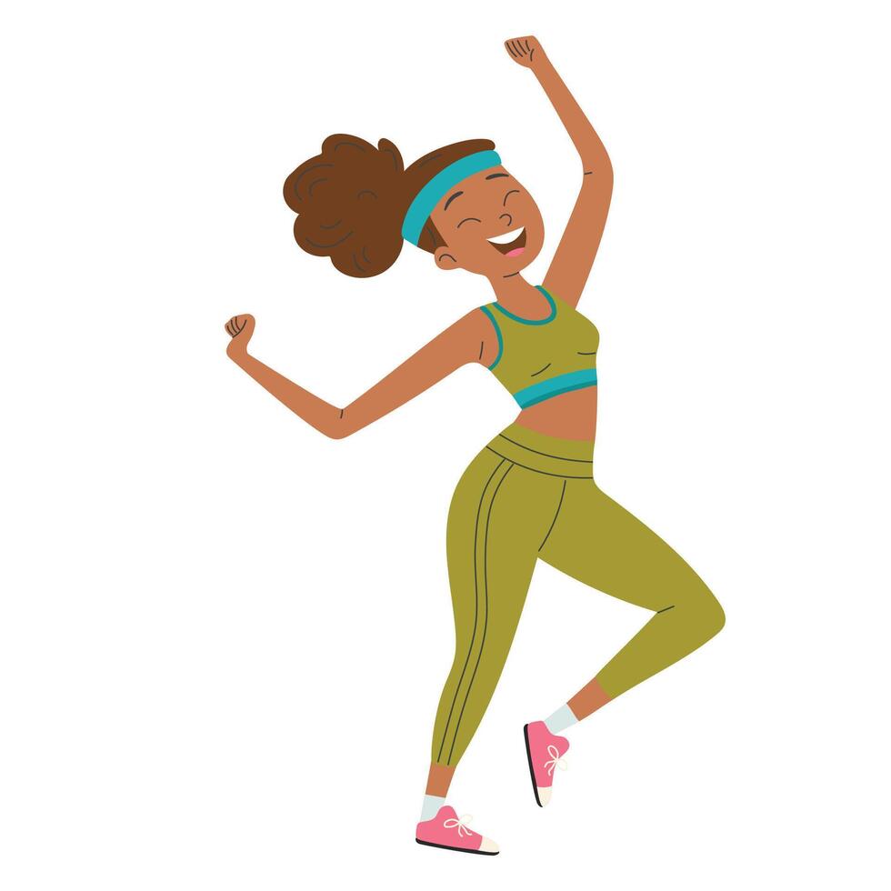A cute young girl in an athletic uniform is working out. Fitness, sport. illustration isolated on white background. vector