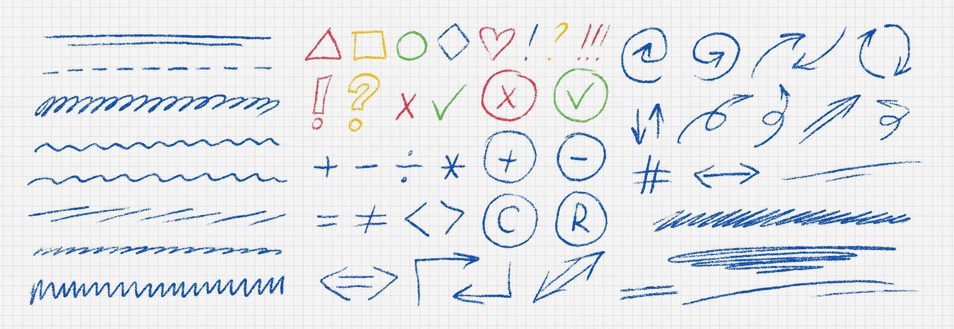 Color brush strokes set. Careless or casual writing with ink pen or crayon. Wavy lines, symbols, cross, checkmark, question mark, basic geometric figures. Calligraphy smears. illustrations vector