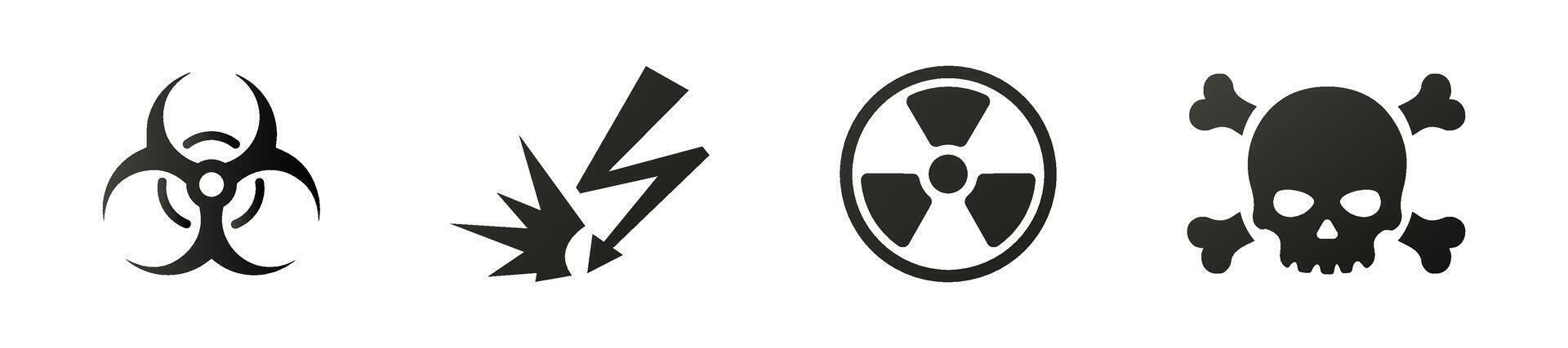 Hazard caution warning flat black icon set. Safety alert symbols in collection vector