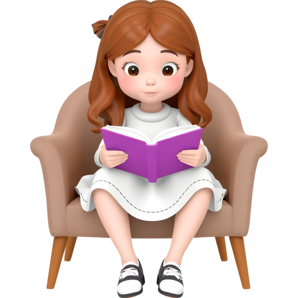 A young girl engrossed in reading a book on an armchair png