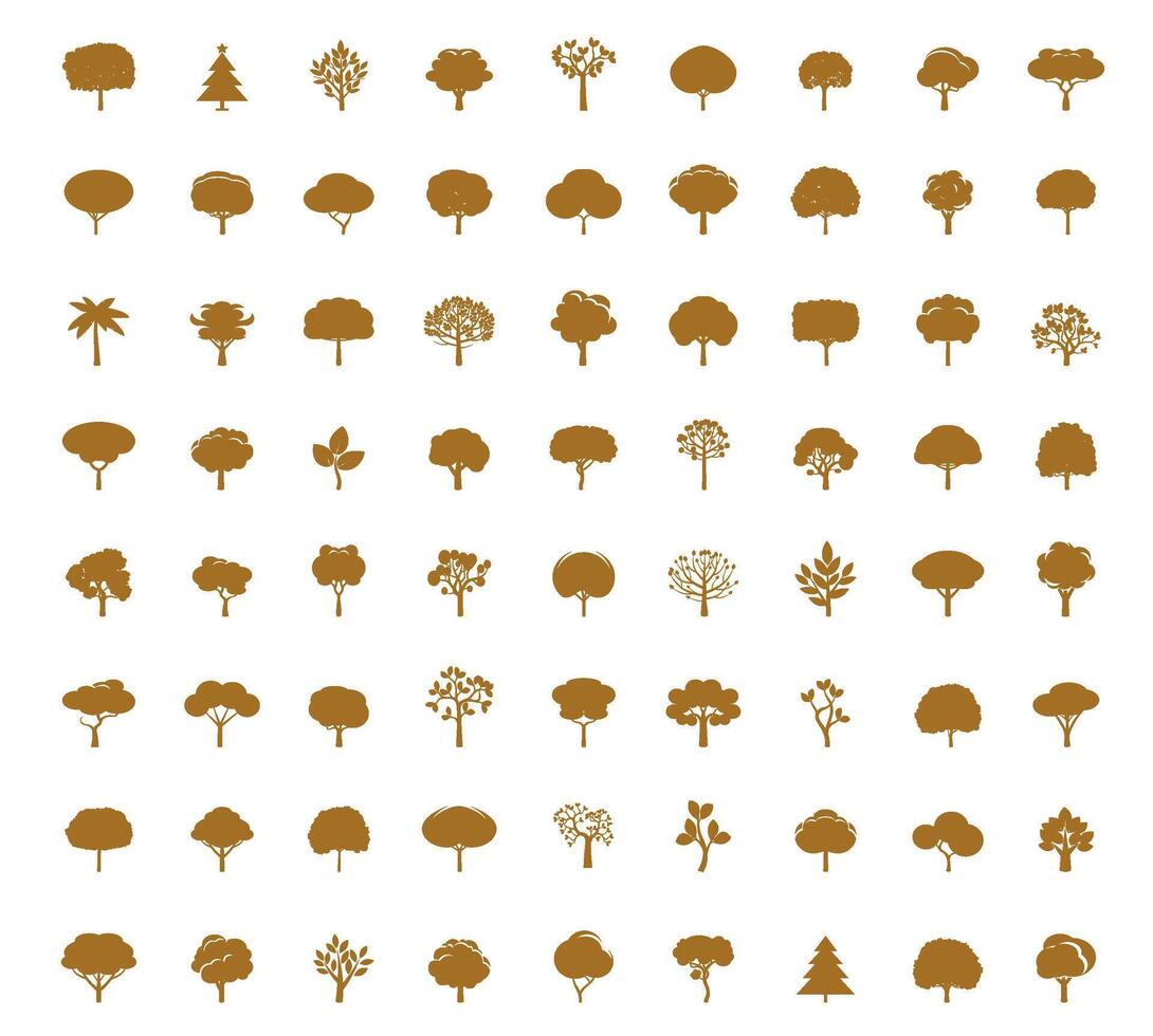 Set of golden Trees. outline Illustration. vector