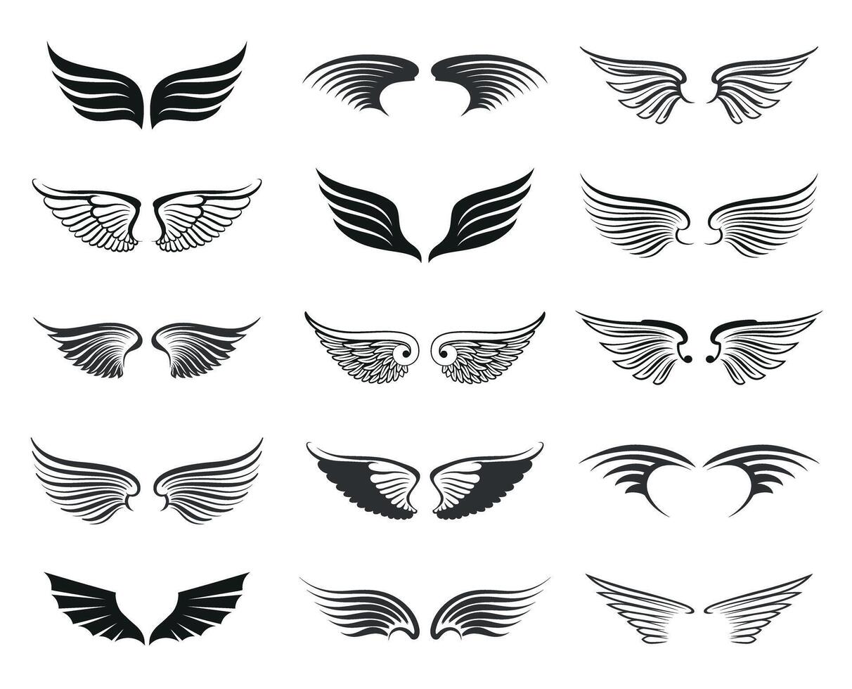 Set black outline wings icon. vector