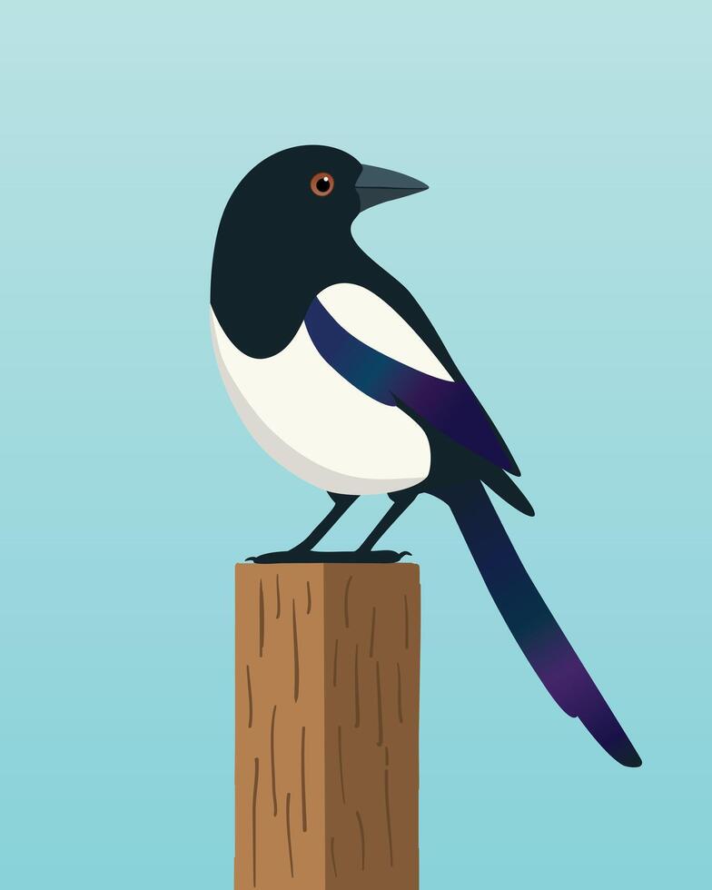 A stylized magpie with black, white, and iridescent feathers perches on a wooden post against a light blue background. The image is clean, minimalistic, and nature-themed. vector