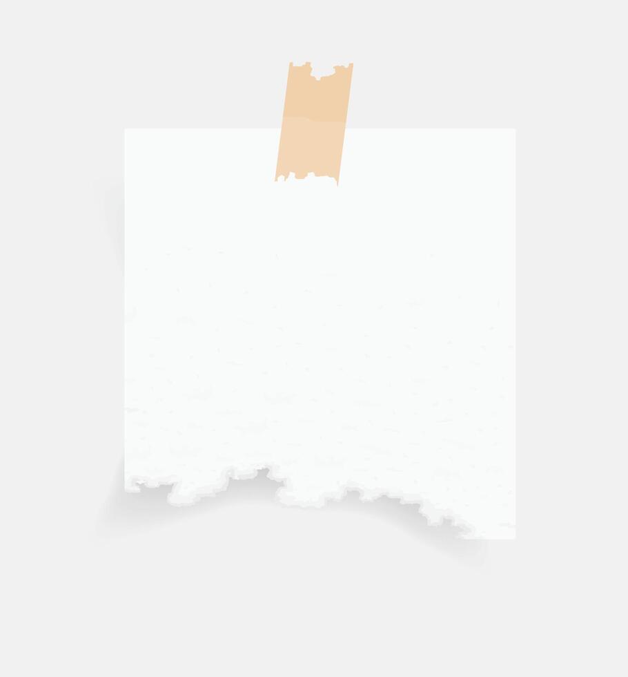 Paper note and tape. Torn paper sheet sticker on white background. White paper memo vector