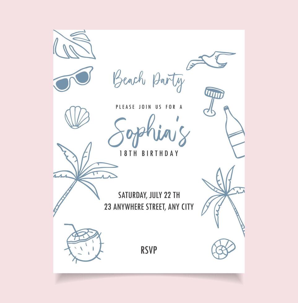 Beach Party hand draw invitation. Italian la dolce vita, trendy drawing style. Birthday sea card vector
