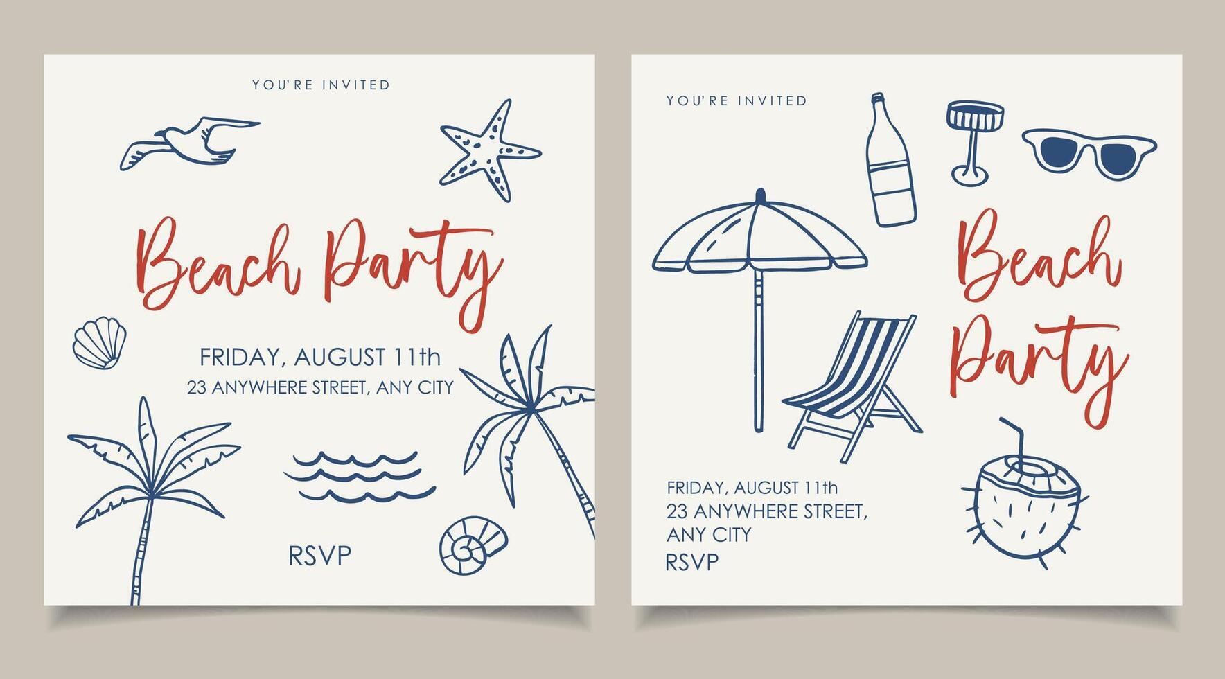 Beach Party hand draw invitation. Italian la dolce vita, trendy drawing style. vector
