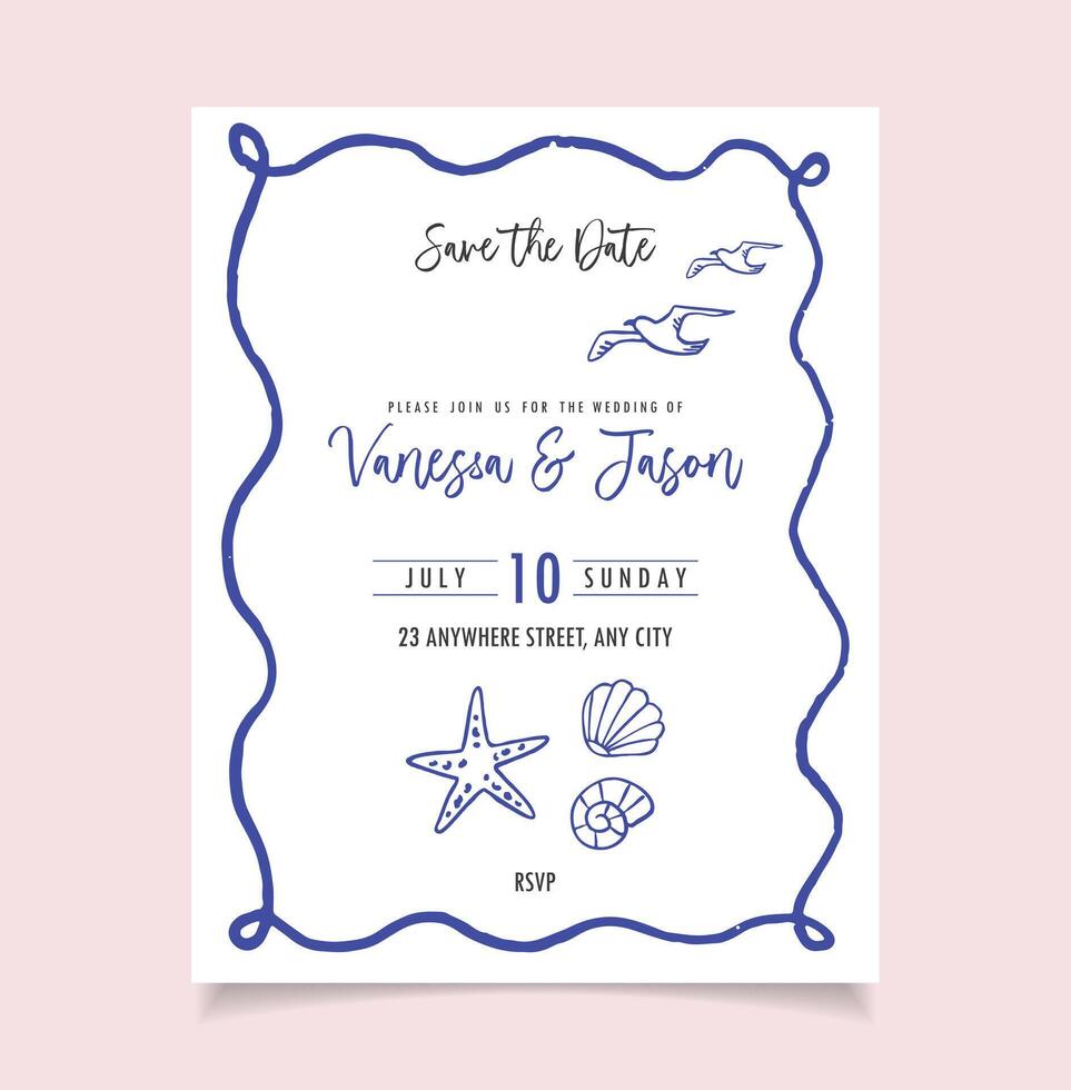 Save the Date Wedding card. Hand draw summer invitation. Crayon drawing style, Italian la dolce vita vector