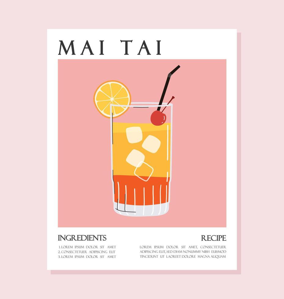 Summer drink poster cartoon flat. Mai Tai cocktail recipe concept wall art. Trendy print vector