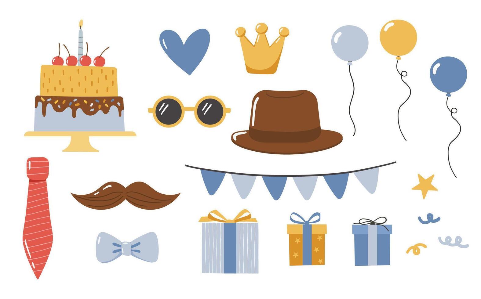 Father's Day clipart elements. Mustache, hat, glasses, cake isolated. Cartoon holiday illustration vector