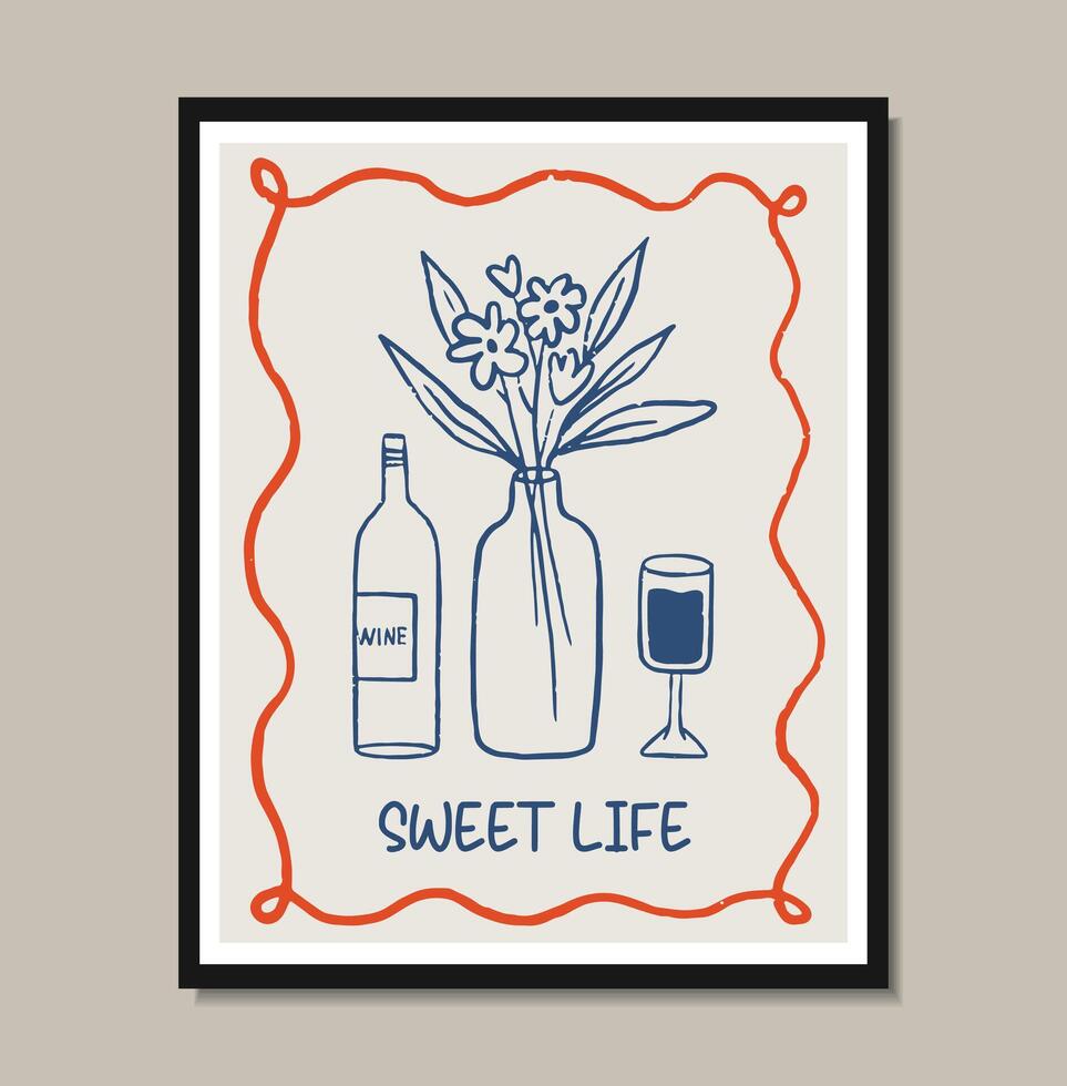 Breakfast doodles poster. illustration of wine and flowers, crayon drawing style vector