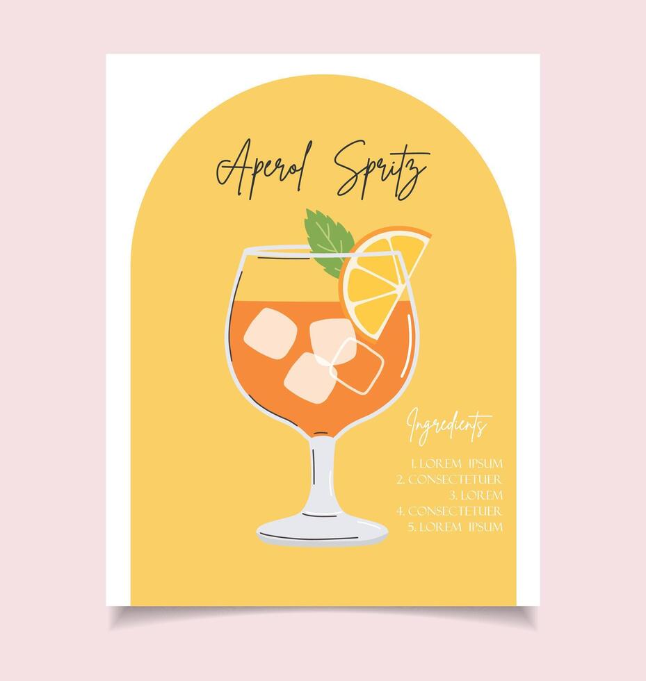 Summer drink poster cartoon flat. Aperol Spritz cocktail recipe wall art. Trendy print vector