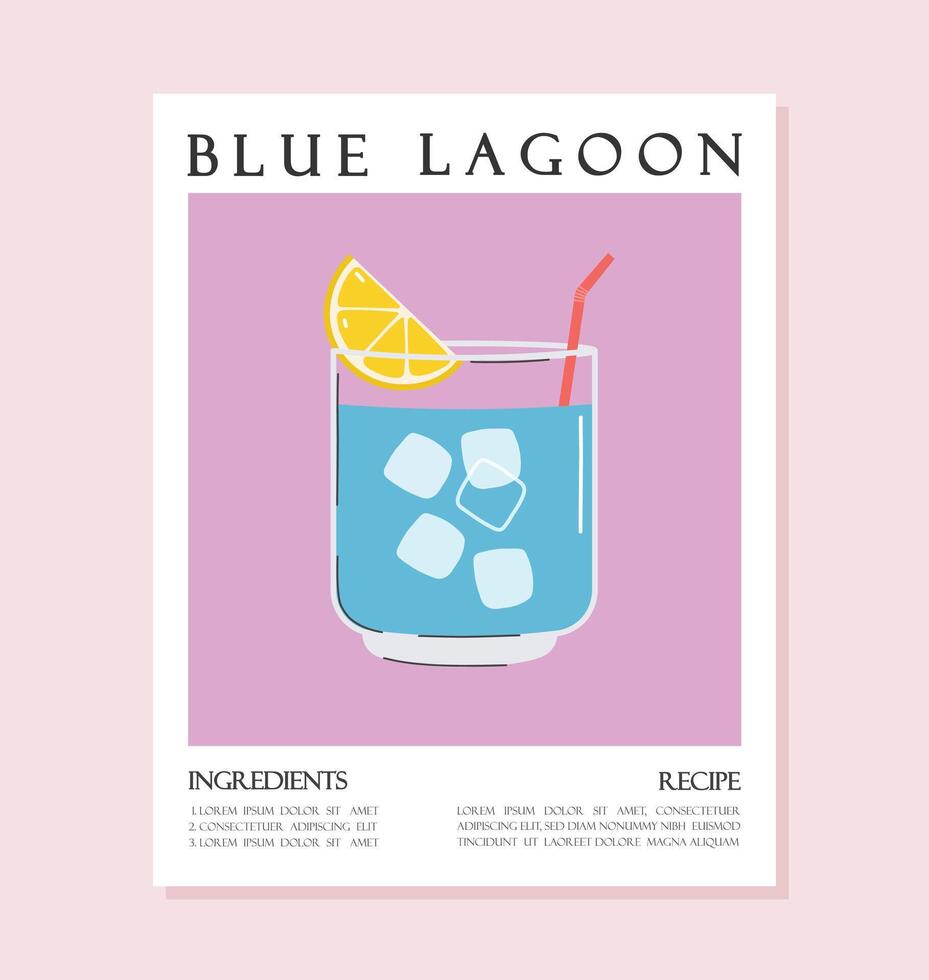 Summer drink poster cartoon flat. Blue Lagoon cocktail recipe concept wall art. Trendy print vector