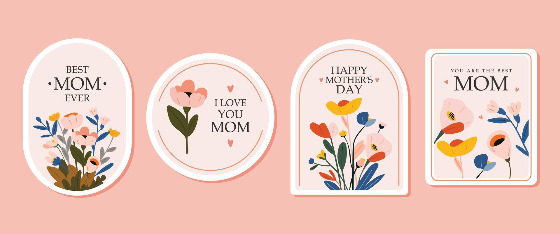 Mother's day stickers, flowers cartoon design, pink background vector
