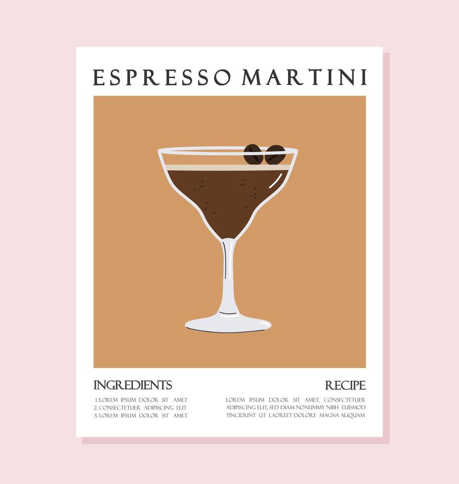 Summer drink poster cartoon flat. Espresso Martini cocktail recipe concept wall art. Trendy print vector